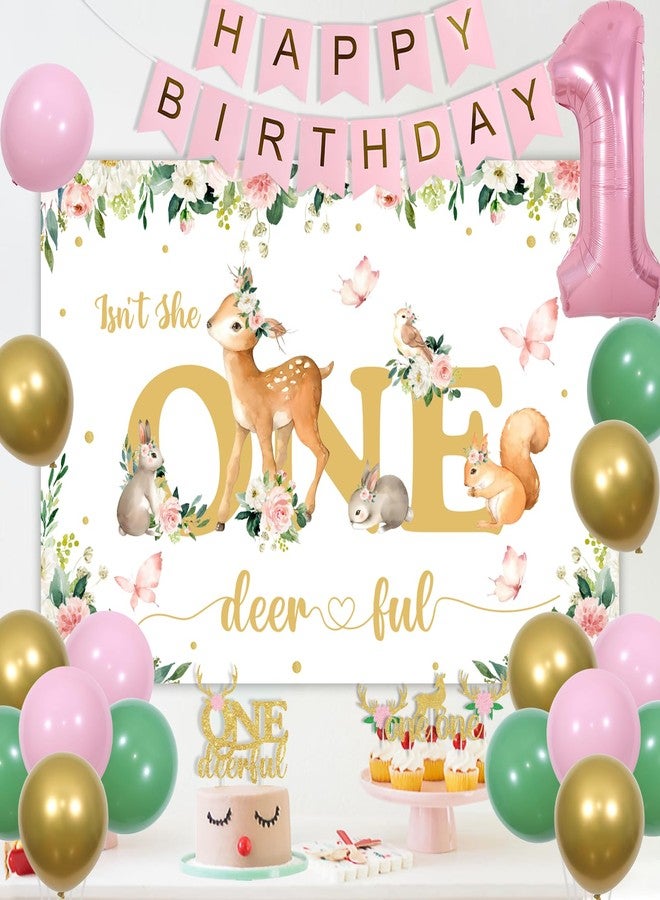 Fangleland Isn't She Onederful Girls 1st Birthday Decorations, Deer First Birthday Party Supplies for One Year Old Girl - Floral Backdrop Balloons Cake Cupcake Toppers, Woodland Animal Decors - Image 2